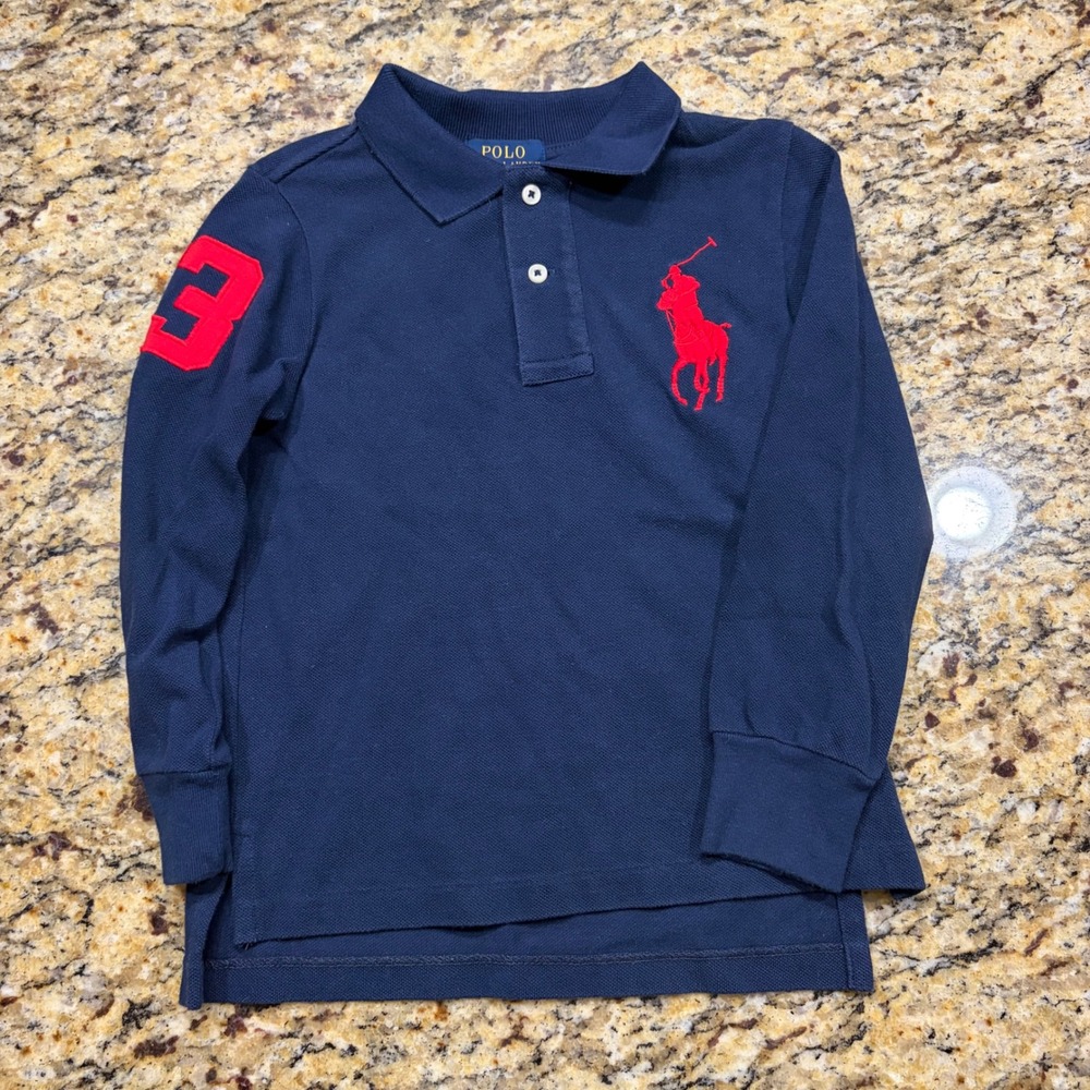 Polo Ralph Lauren Boys Navy Blue Big Pony Long Sleeve Polo Shirt 3/3T ws